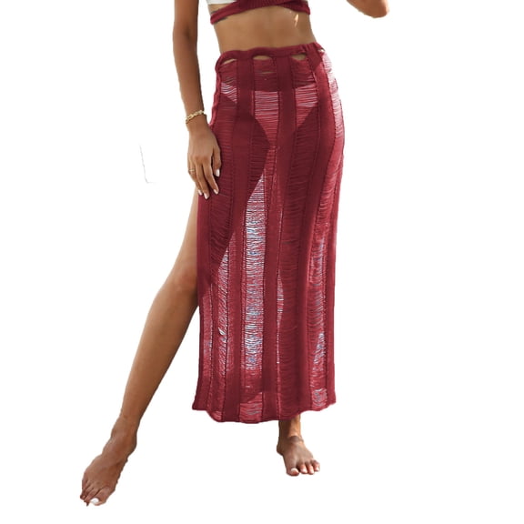 MELDVDIB Womens Mesh Skirt Elastic Waisted Hem Slit Elegant Summer Skirt Fashion Casual Solid Color Beach Cover-Up Long Skirts