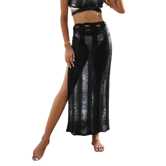 MELDVDIB Womens Mesh Skirt Elastic Waisted Hem Slit Elegant Summer Skirt Fashion Casual Solid Color Beach Cover-Up Long Skirts