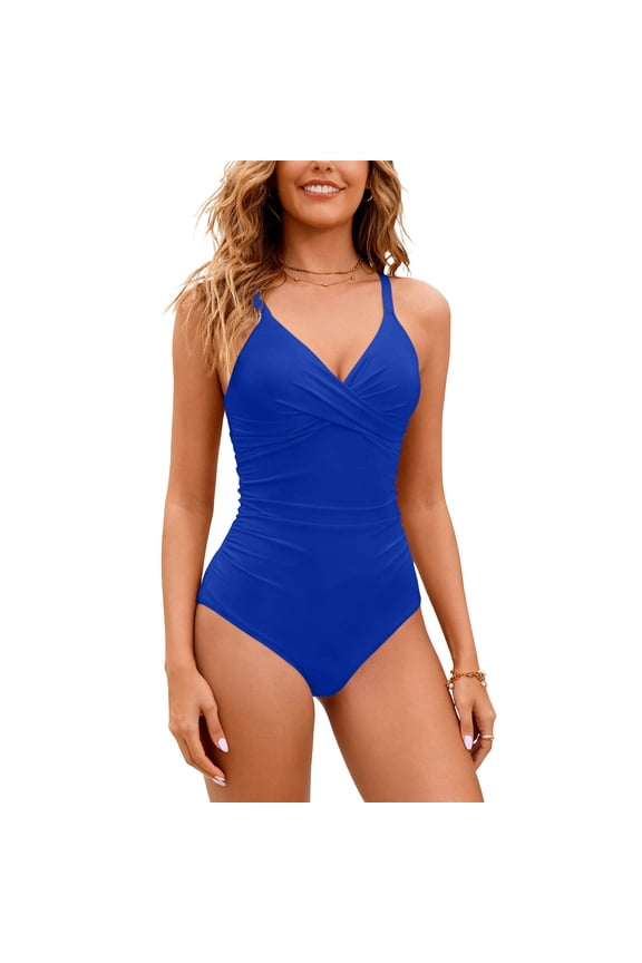 Womens One Piece Swimsuits with Built-in Padding V-Neck Pleated Bathing Suits Summer Vacation Spaghetti Strap Swimwear