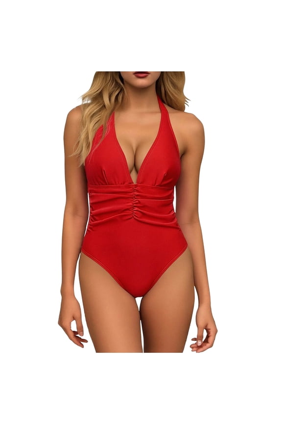 Womens One Piece Swimsuits with Built-in Padding V-Neck Solid Color Pleated Bathing Suits Summer Vacation Slimming Strap Bikini Swimsuit