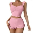 thumbnail image 1 of MELDVDIB Womens Outfits Knit Ribbed Ruffle Striped Ruched Sleeveless Camisole Tops High Waist Shorts Lightweight Homewear Set, 1 of 6