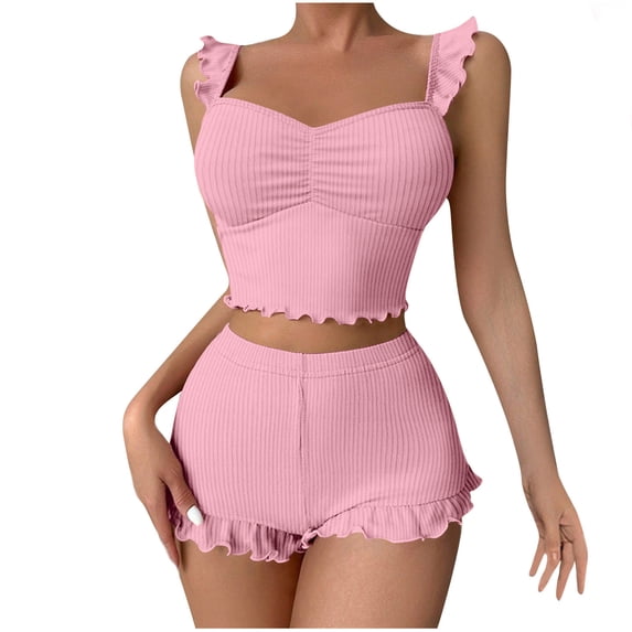 MELDVDIB Womens Outfits Knit Ribbed Ruffle Striped Ruched Sleeveless Camisole Tops High Waist Shorts Lightweight Homewear Set