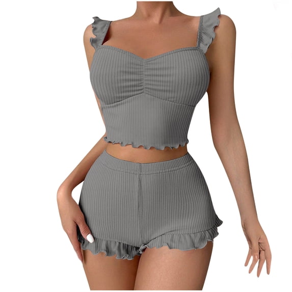 MELDVDIB Womens Outfits Knit Ribbed Ruffle Striped Ruched Sleeveless Camisole Tops High Waist Shorts Lightweight Homewear Set