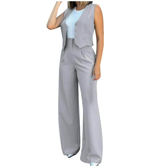 MELDVDIB Womens Outfits Open Front Button Down Vest High Waist Ruched Full Length Wide Leg Pants Business Casual Matching Suit Set