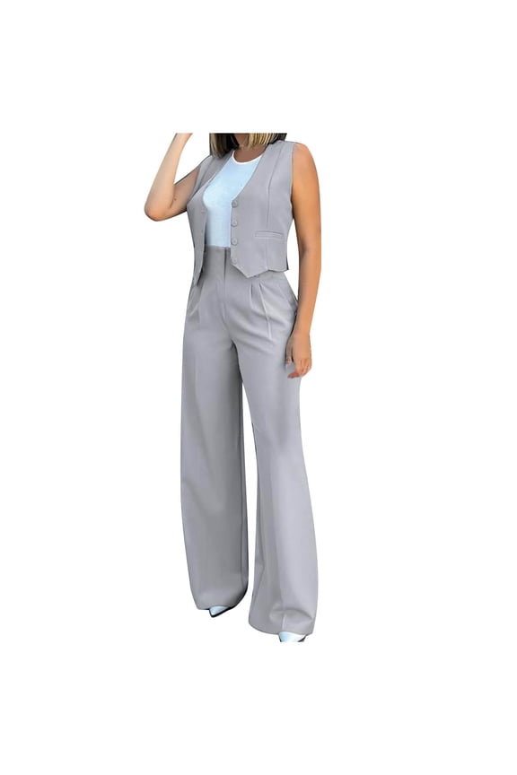 Womens Outfits Open Front Button Down Vest High Waist Ruched Full Length Wide Leg Pants Business Casual Matching Suit Set