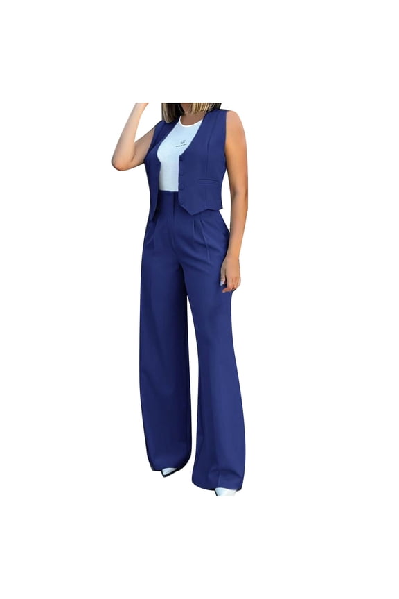 Womens Outfits Open Front Button Down Vest High Waist Ruched Full Length Wide Leg Pants Business Casual Matching Suit Set