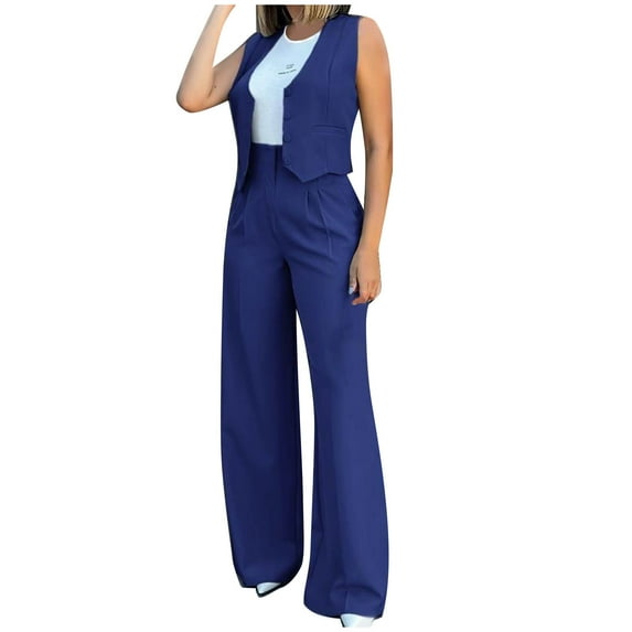 MELDVDIB Womens Outfits Open Front Button Down Vest High Waist Ruched Full Length Wide Leg Pants Business Casual Matching Suit Set
