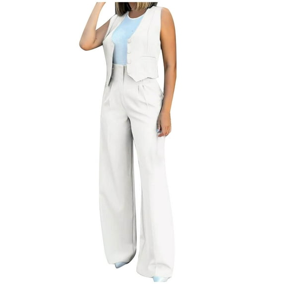 MELDVDIB Womens Outfits Open Front Button Down Vest High Waist Ruched Full Length Wide Leg Pants Business Casual Matching Suit Set