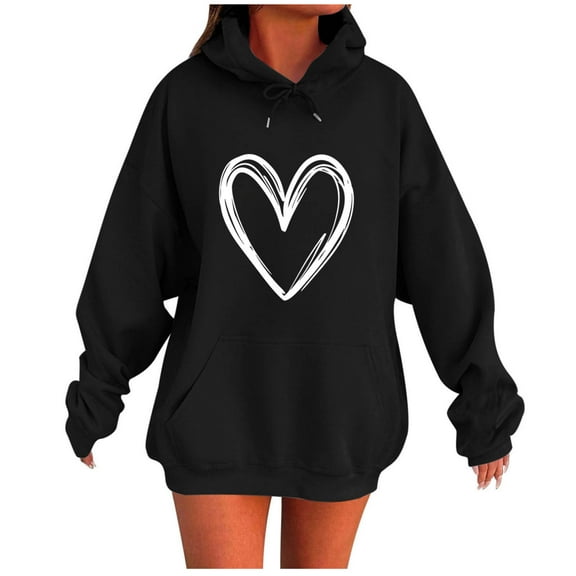 MELDVDIB Womens Oversized Hoodies Heart Print Pullover Hooded Sweatshirts with Front Pocket for Casual Daily Wear Street Style Black XL