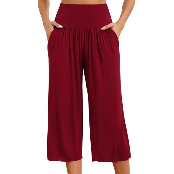 MELDVDIB Womens Pants Fashion Casual Solid Color Wide Leg Pants Elastic Waisted Light Weight Stretch Comfy Capri Pants with Pockets