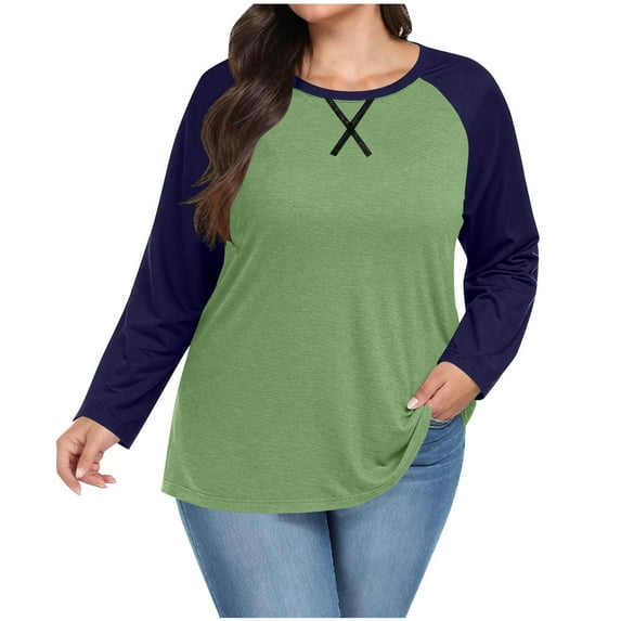 MELDVDIB Womens Plus Size Long Sleeve Tops Color Block Fall Long Sleeve Pullover Blouse Fashion Casual Light Weight Crewneck T Shirt