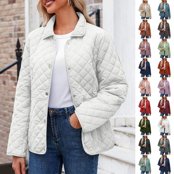 MELDVDIB Womens Plus Size Puffer Jackets Fall Winter Long Sleeve Button-Up Coat Solid Color Light Weight Warm Padded Comfy Outwear Tops