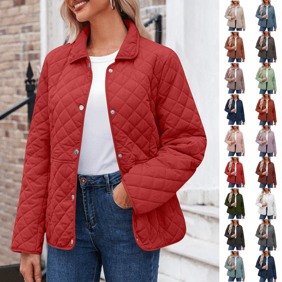 MELDVDIB Womens Plus Size Puffer Jackets Fall Winter Long Sleeve Button-Up Coat Solid Color Light Weight Warm Padded Comfy Outwear Tops