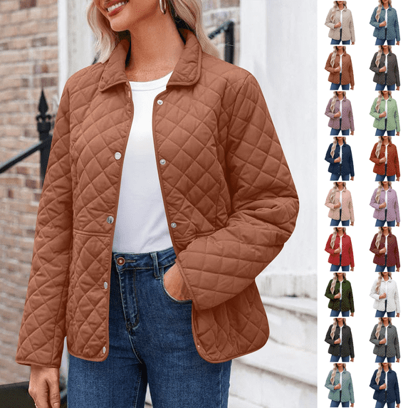 MELDVDIB Womens Plus Size Puffer Jackets Fall Winter Long Sleeve Button-Up Coat Solid Color Light Weight Warm Padded Comfy Outwear Tops
