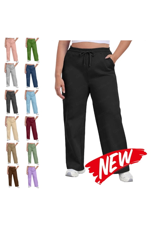 Womens Plus Size Sweatpants Wide Leg Baggy Straight Tube Drawstring Solid Color Sweat Pants Fashion Casual Pants with Pocket Coffee XL