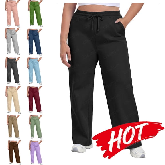 MELDVDIB Womens Plus Size Sweatpants Wide Leg Baggy Straight Tube Drawstring Solid Color Sweat Pants Fashion Casual Pants with Pocket