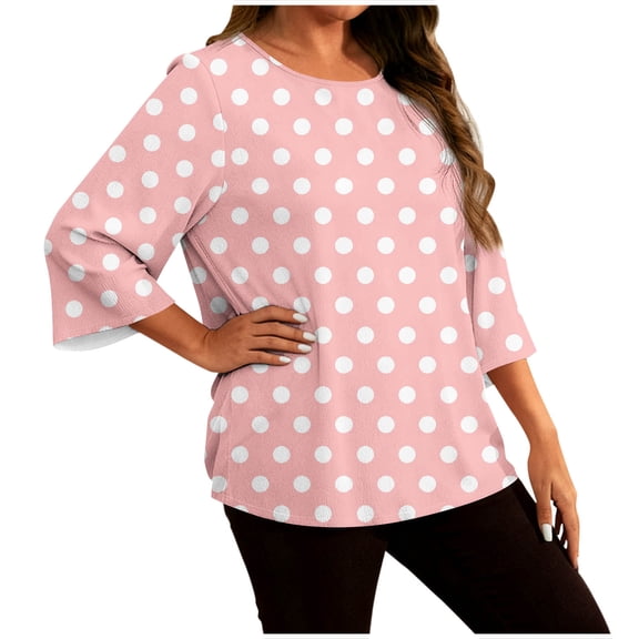 MELDVDIB Womens Plus Size T-Shirts 3/4 Sleeve Crewneck Polka Printed Summer Tops Light Weight Oversized Pullover Tees