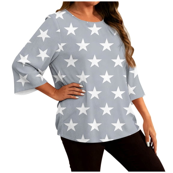 MELDVDIB Womens Plus Size T-Shirts 3/4 Sleeve Crewneck Star Printed Summer Tops Light Weight Oversized Pullover Tees