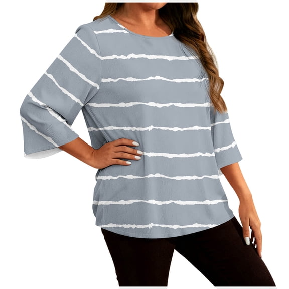 MELDVDIB Womens Plus Size T-Shirts 3/4 Sleeve Crewneck Striped Printed Summer Tops Light Weight Oversized Pullover Tees