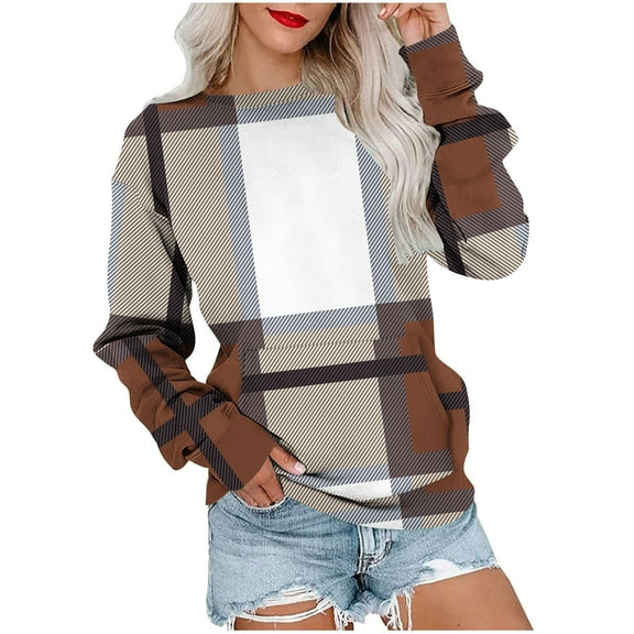 MELDVDIB Womens Printed Sweatshirt Fall Winter Long Sleeve Hoodless Sweatshirt Fashion Casual Crewneck Pullover Tops with Pocket Brown XL