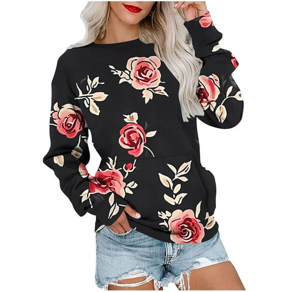 MELDVDIB Womens Printed Sweatshirt Fall Winter Long Sleeve Hoodless Sweatshirt Fashion Casual Crewneck Pullover Tops with Pocket