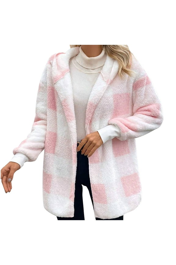 Womens Quilted Plaid Jacket Shirt Fall Winter Fleece Mid-Length Hooded Cardigan Fashion Causal Warm Coat Lounge Travel Outwear Tops