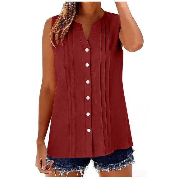 MELDVDIB Womens Shirts Button Up Turn Down Collar Sleeveless Shirts Loose Summer Tops Solid Color Pleated Stretch Comfy Shirts