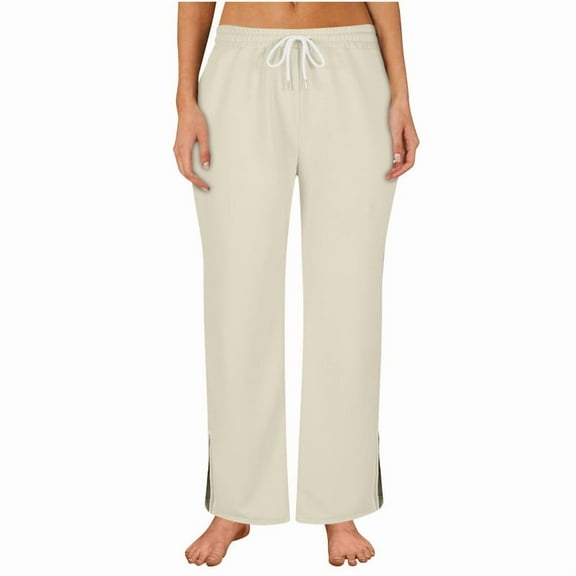 MELDVDIB Womens Side Split Sweatpants Wide Leg Baggy Drawstring Elastic Waist Walking Pant Fashion Casual Solid Color Lounge Trousers Beige S