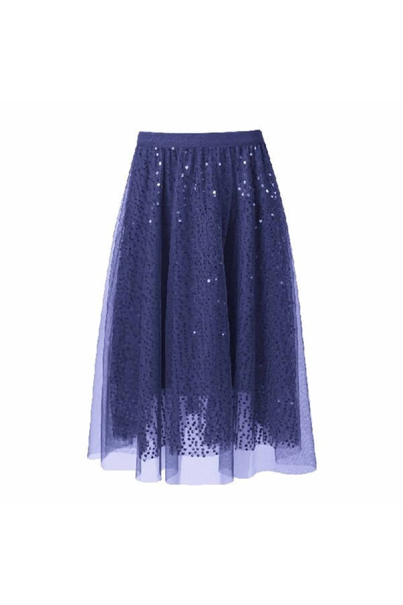 Womens Skirts Sequined Mesh Double Layer Elastic Waisted Skirts Summer Elegant Flared Fashion Casual Light Weight Long Skirts