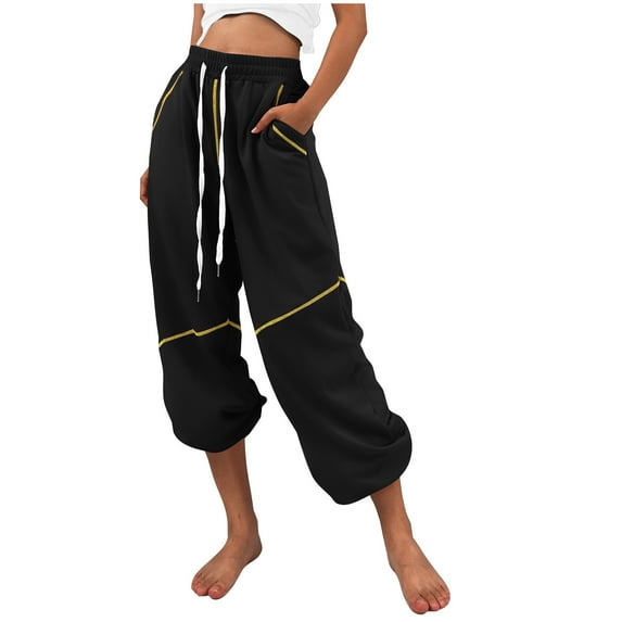 MELDVDIB Womens Striped Printed Sweatpants Baggy Elastic Waist Wide Leg Pant Fashion Casual Comfy Solid Color Lounge Trousers with Pockets Black S