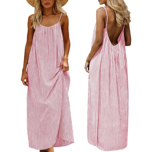MELDVDIB Womens Summer Dress Sleeveless Backless Cami Long Dress Striped Printed Vacation Sundress