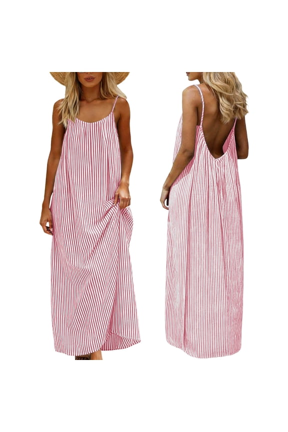 Womens Summer Dress Sleeveless Backless Cami Long Dress Striped Printed Vacation Sundress