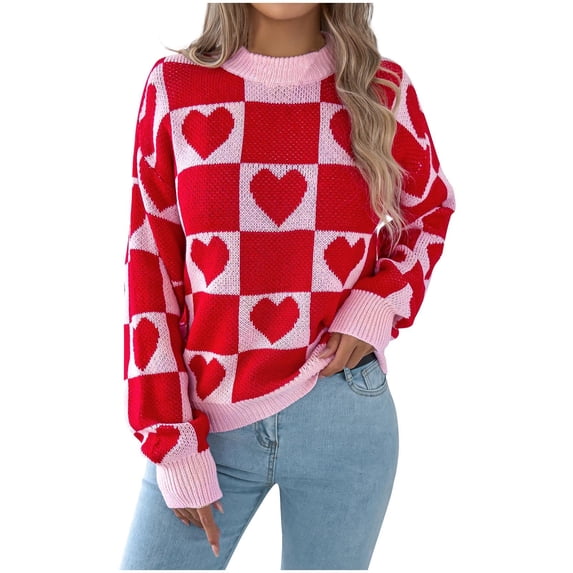MELDVDIB Womens Sweater Knited Heart Pattern Fall Winter Long Sleeve Shirt Loose Sweater Warm Crewneck Color Block Pullover Tops