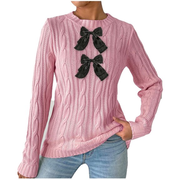 MELDVDIB Womens Sweaters Cable Knit Bow Decorative Solid Color Long Sleeve Shirts Fall Winter Crewneck Slim Stretch Pullover Tops