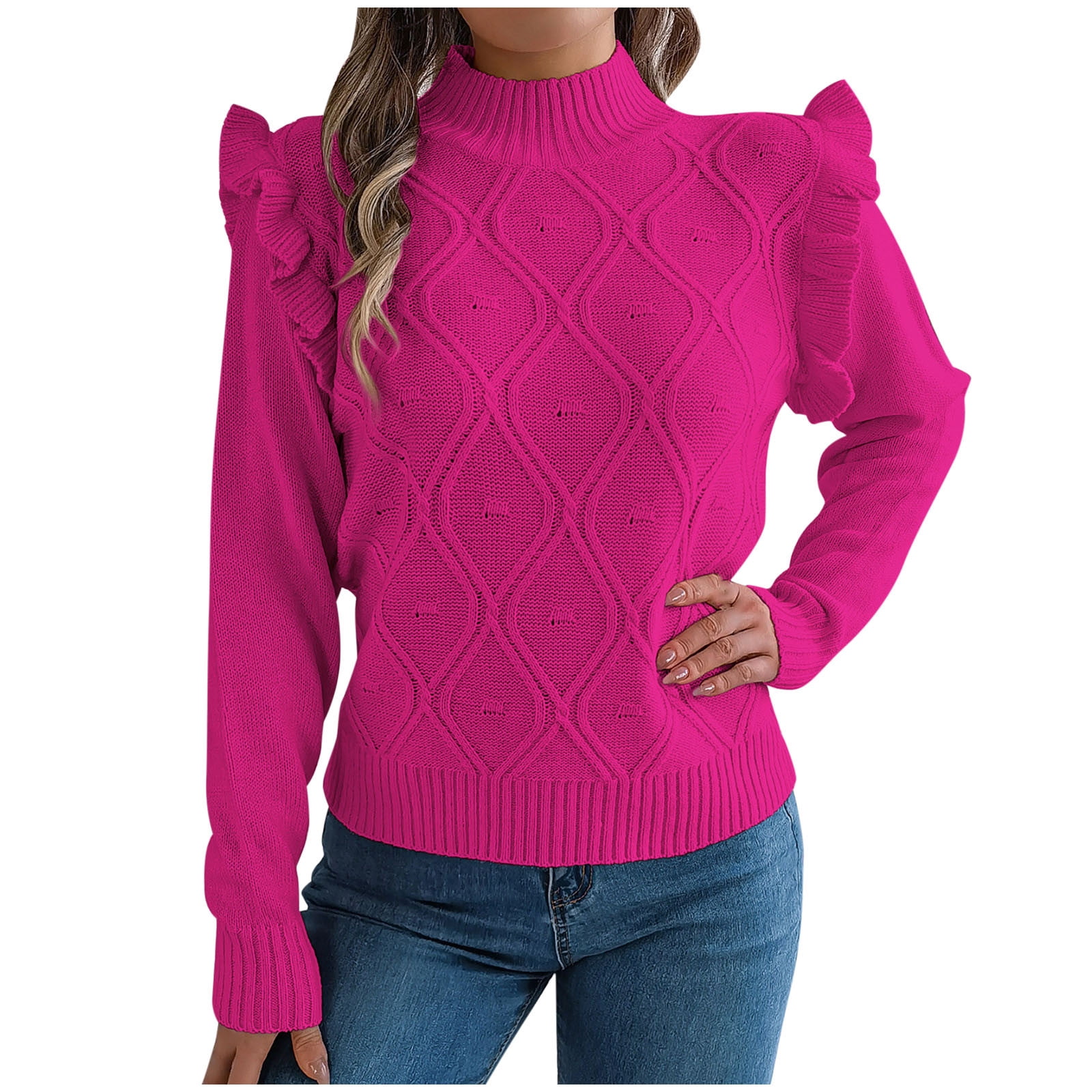 Summer Sweaters Ruffled MELDVDIB Womens Sweaters Knit Ruffle Trim Long Sleeve Sweater Fashion ...