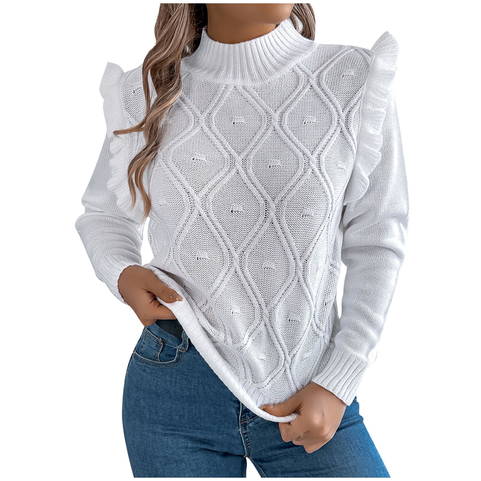 Sweaters With Ruffle Bottom MELDVDIB Womens Sweaters Knit Ruffle Trim Long Sleeve Sweater Fashion ...