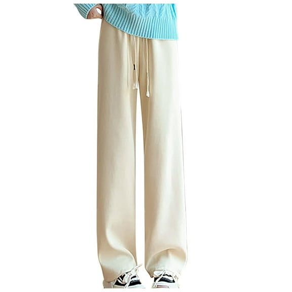 MELDVDIB Womens Sweatpant Fleece Neri Plush Baggy Drawstring Waisted Wide Leg Pants Fall Winter Solid Color Warm Trousers with Pockets Beige S