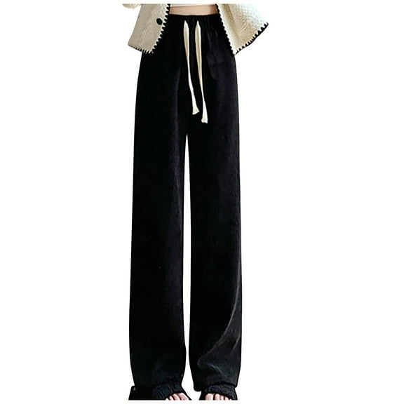 MELDVDIB Womens Sweatpant Fleece Neri Plush Baggy Drawstring Waisted Wide Leg Pants Fall Winter Solid Color Warm Trousers with Pockets Black S