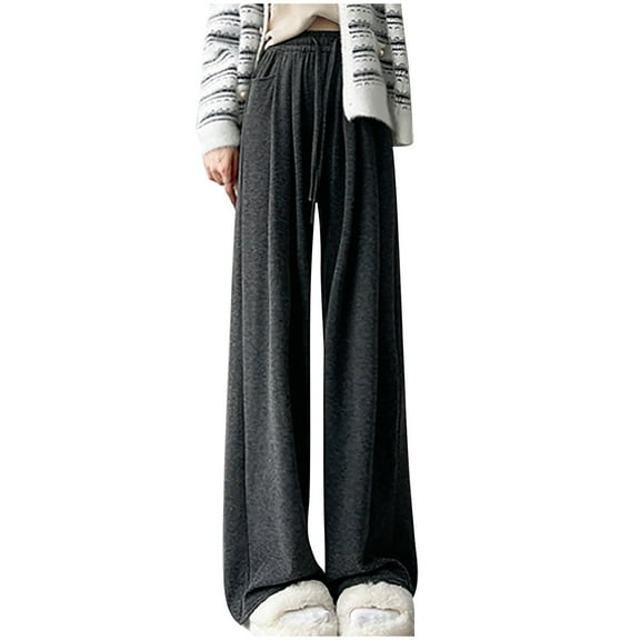 MELDVDIB Womens Sweatpant Fleece Relaxed Drawstring Elastic Waisted Wide Leg Pants Fall Winter Solid Color Warm Trousers with Pockets Dark Gray 2XL
