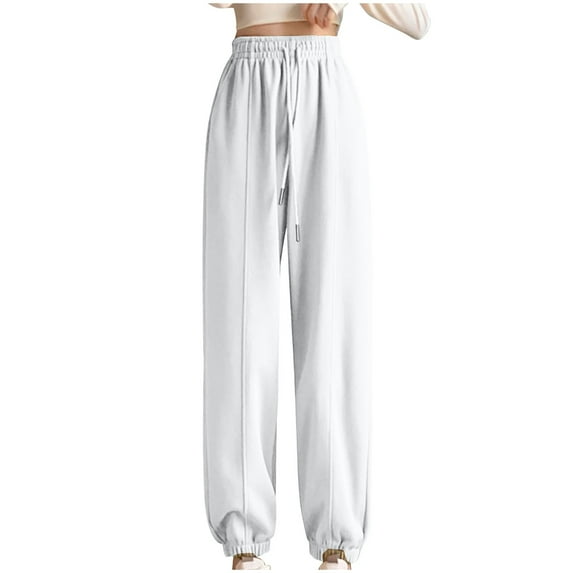 MELDVDIB Womens Sweatpants Fleece Drawstring Elastic Waisted Baggy Joggers Solid Color Warm Gym Work Pants with Pockets White 2XL