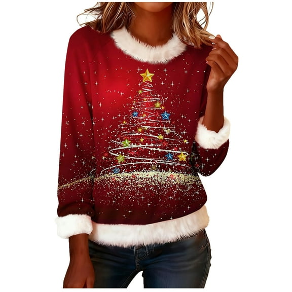 MELDVDIB Womens Sweatshirt Christmas Print Fall Winter Oversized Long Sleeve Shirts Fuzzy Round Crewneck Fashion Casual Pullover Tops