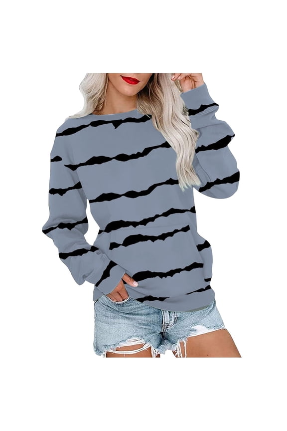 Womens Sweatshirt Fall Winter Color Block Long Sleeve Hoodless Sweatshirt Fashion Casual Crewneck Pullover Tops with Pocket Sky Blue XL