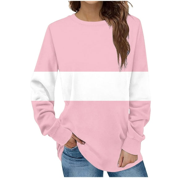MELDVDIB Womens Sweatshirt Fashion Casual Color Block Oversized Hoodless Sweatshirt Fall Winter Long Sleeve Lounge Crewneck Pullover Tops Pink M