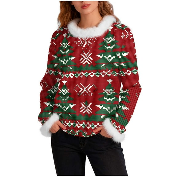 MELDVDIB Womens Sweatshirt Fashion Christmas Print Fall Winter Oversized Long Sleeve Shirts Fuzzy Round Crewneck Pullover Tops