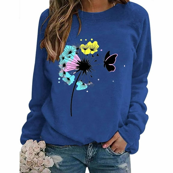 MELDVDIB Womens Sweatshirt Fashion Print Fall Winter Long Sleeve Sweatshirt Trendy Casual Solid Color Comfy Crewneck Pullover Tops
