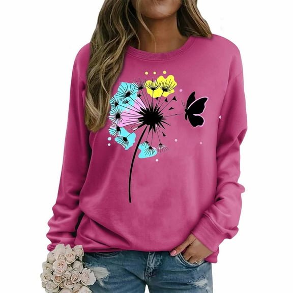 MELDVDIB Womens Sweatshirt Fashion Print Fall Winter Long Sleeve Sweatshirt Trendy Casual Solid Color Comfy Crewneck Pullover Tops