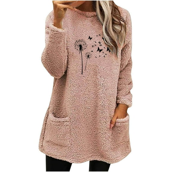 MELDVDIB Womens Sweatshirt Fuzzy Fleece Fashion Print Mid-Length Crewneck Sweatshirt Fall Winter Long Sleeve Oversized Pullover Tops with Pocket