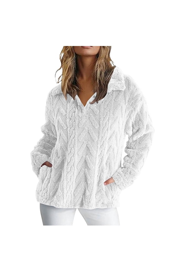 Womens Sweatshirt Fuzzy Fleece Half-Button Lapel Sweatshirt Fall Winter Long Sleeve Oversized Pullover Tops