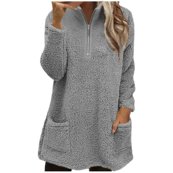 MELDVDIB Womens Sweatshirt Fuzzy Fleece Half-Zip Mid-Length Sweatshirt Fall Winter Long Sleeve Oversized Pullover Tops with Pocket
