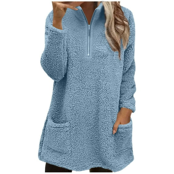 MELDVDIB Womens Sweatshirt Fuzzy Fleece Half-Zip Mid-Length Sweatshirt Fall Winter Long Sleeve Oversized Pullover Tops with Pocket